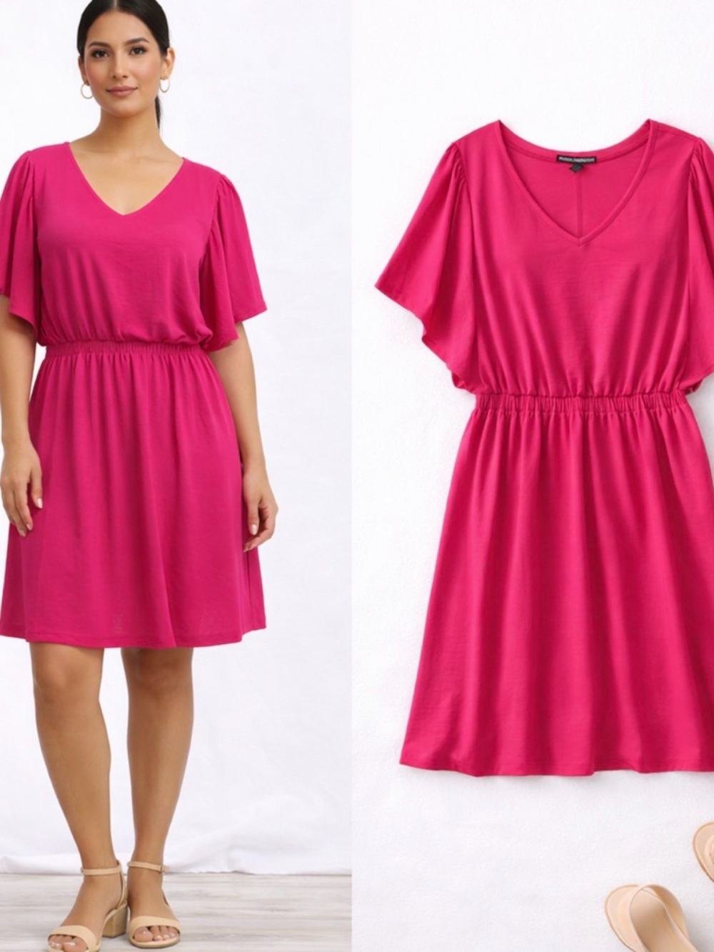 Nina Leonard Hot Pink Flutter Sleeve Dress – Size Large